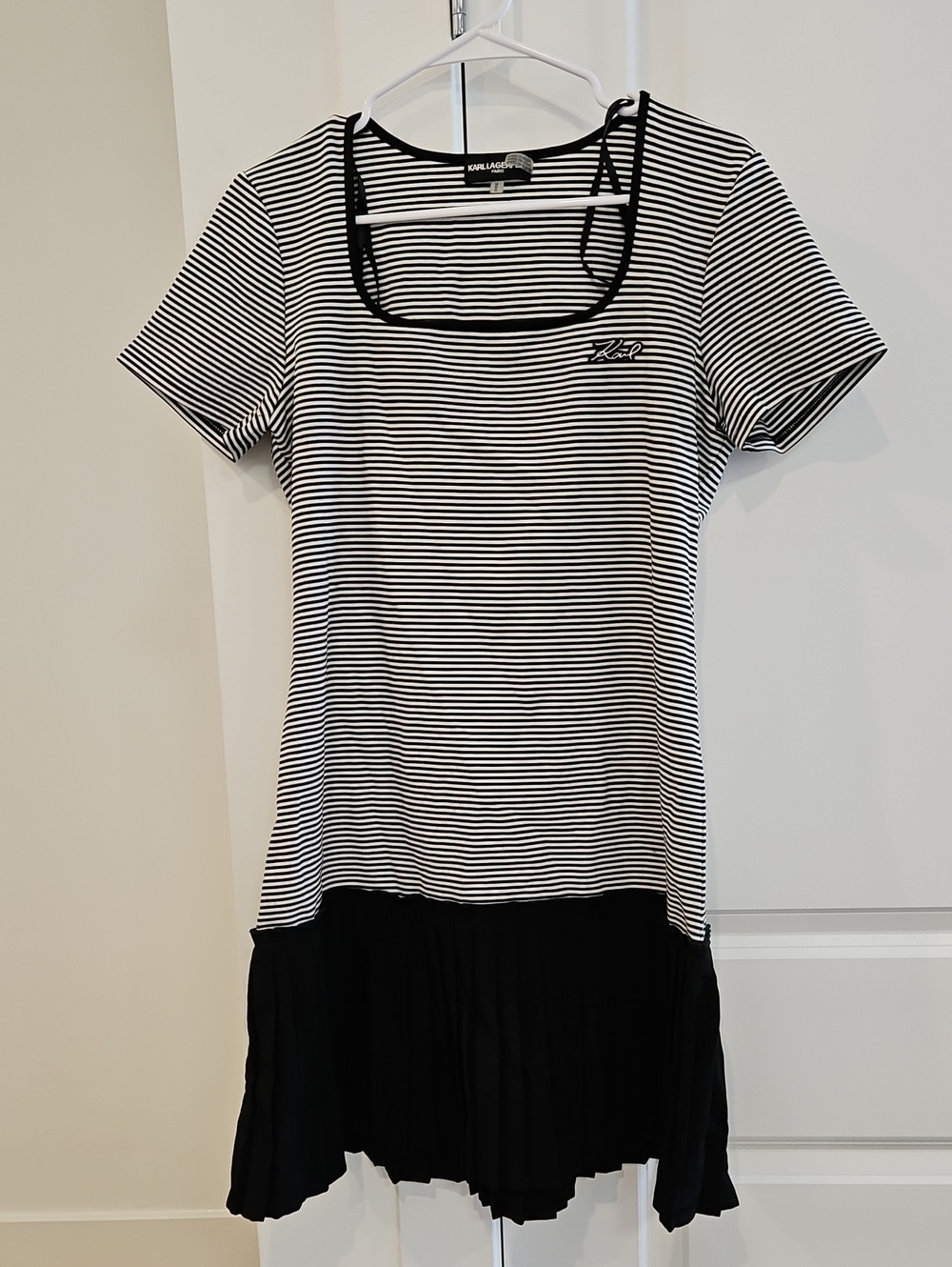 Karl Lagerfeld Black & White Striped Tunic with Pleated Hem